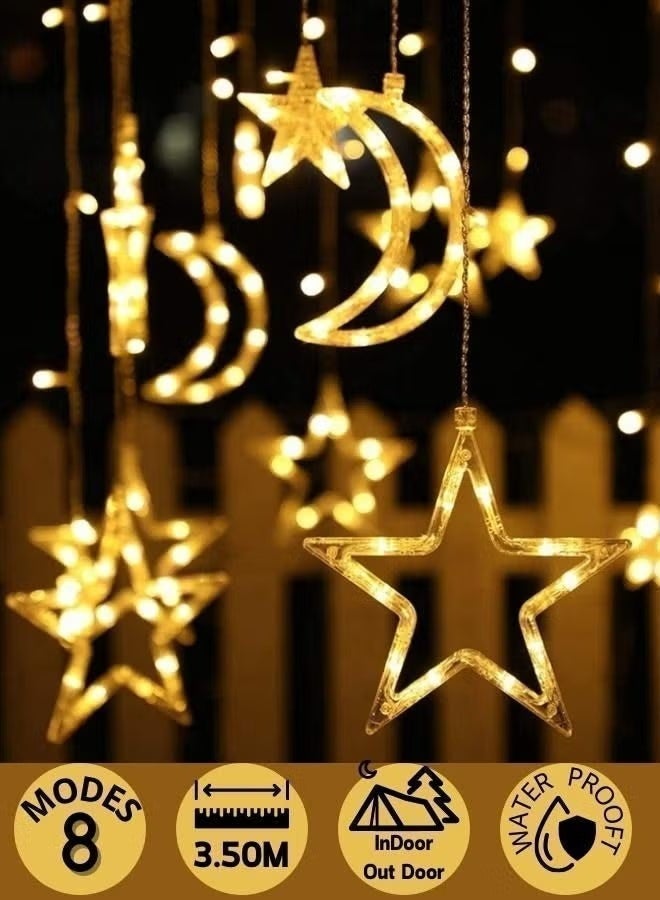 اضاءة رمضان LED بتصميم النجمة والهلال – ستارة ولمبات إضاءة بطول 3.5 متر، لون أبيض دافئ، زينة رمضان والعيد للمنزل وغرفة النوم والنوافذ، 8 أوضاع إضاءة، قابس ثلاثي UK - view 5